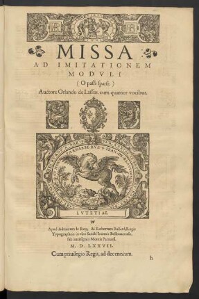 Missa ad imitationem moduli: O passi sparsi [...] cum quatuor vocibus