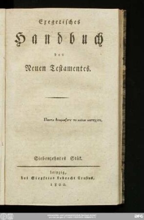 Siebenzehntes Stük: Exegetisches Handbuch des Neuen Testamentes