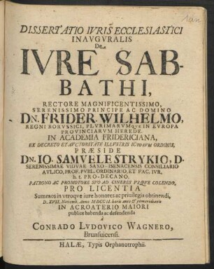Dissertatio Ivris Ecclesiastici Inavgvralis De Ivre Sabbathi