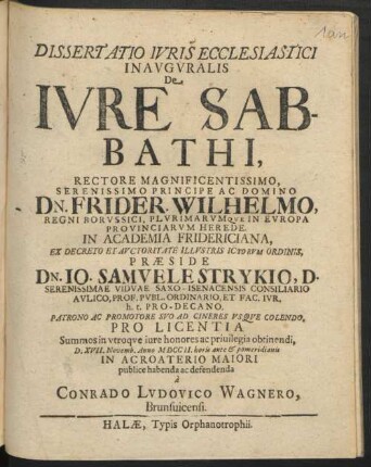 Dissertatio Ivris Ecclesiastici Inavgvralis De Ivre Sabbathi