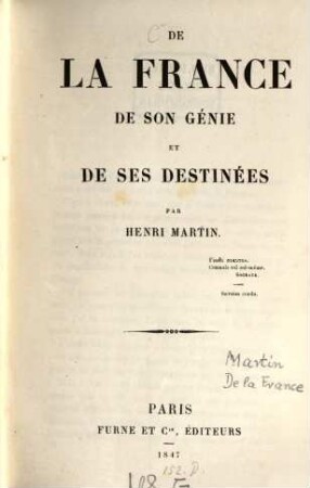 De la France de son génie et de ses destinées