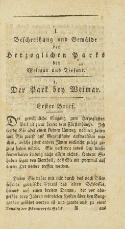 I. Beschreibung und Gemälde der Herzoglichen Parks bey Weimar und Tiefurt. I. Der Park bey Weimar