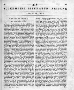 [Taschenbücher für das Jahr 1837] Penelope. Taschenbuch d. Häuslichkeit u. Eintracht gewidmet auf d. Jahr 1837. Hrsg. von T. Hell. Leipzig: Hinrichs 1837
