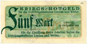 Geldschein / Notgeld, 5 Mark, 10.10.1918