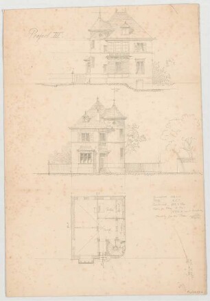 Thiersch, August ; München - Nymphenburg, Zuccalistr. 11 - 13; Doppelhaus Parseval - Wolff - Grundriss, Ansichten