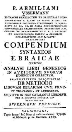 Aemiliani Vssermann ... Compendium Syntaxeos Ebraicae : Vnacvm Analysi Libri Geneseos In Avditorvm Svorvm Commodvm Collectvm