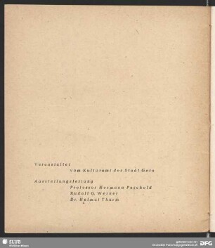 Die Ernte : Ausstellung von Geraer Künstlern in der Stadthalle Gera vom 15. September bis 15. Oktober 1948