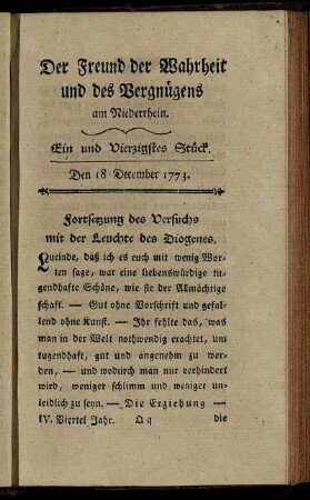 Ein und Vierzigstes Stück. Den 18 December 1773.