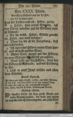 Der CXXX. Psalm : Anruffung GOttes aus der Tieffen