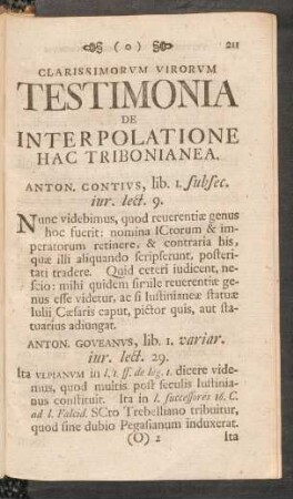 Clarissimorum Virorum Testimonia De Interpolatione Hac Tribonianea