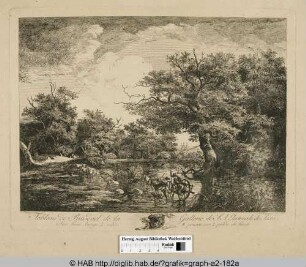 Landschaft mit zwei Bauern auf einem Karren.