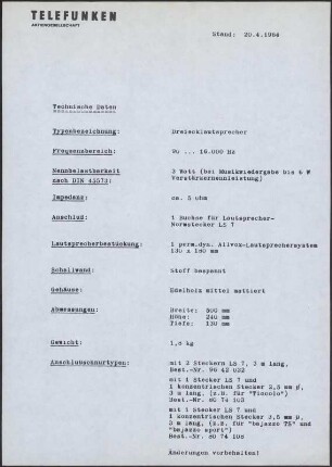 Datenblatt: Datenblatt für Telefunken Dreiecklautsprecher