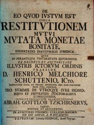 De eo quod iustum est circa restitutionem mutui mutata monetae bonitate, diss. inaug. iur.