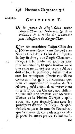 Chapitre V. De la guerre de Zingis-Chan contre Taijan-Chan des Naimanns & de la reduction de la Tribu des Naimanns sous l'obéissance de Zingis-Chan