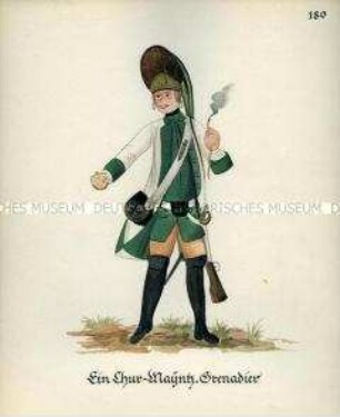 Uniformdarstellung, Grenadier, Kurfürstentum Mainz, 1760/1761. Kopie der Originaltafel 180 aus Becher: Wahrhaftige Nachrichten.
