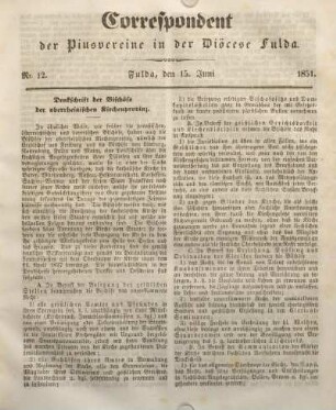 Nr. 12. Fulda, den 15. Juni 1851.