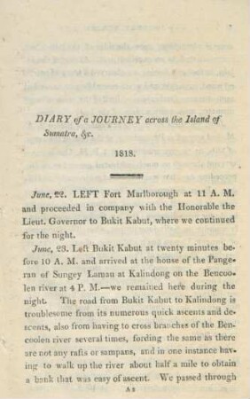 Diary of a journey across the island of Sumatra, &c. 1818