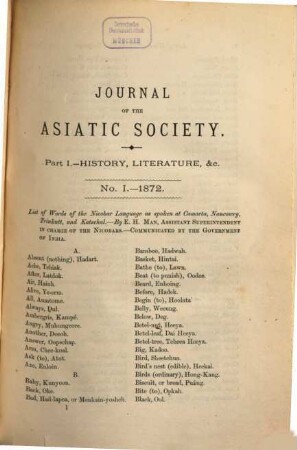 Journal of the Asiatic Society of Bengal. Part 1, History, antiquities, etc, 41. 1872, Part. 1