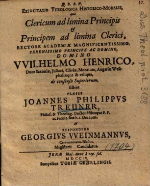 Exercitatio Theologica Historico-Moralis, qua Clericum ad limina Principis & Principem ad limina Clerici