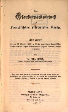 Das Glaubensbekenntniß der Französischen reformirten Kirche