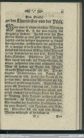 Das Orakel an den Churfürsten von der Pfalz