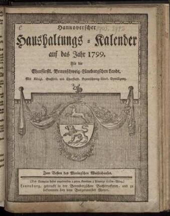 1799: Hannoverscher Haushaltungs-Kalender auf das Jahr 1799