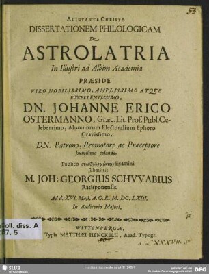 Dissertationem Philologicam De Astrolatria