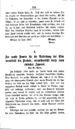 Der neuste Beweis für die Umdrehung der Erde vermittelst des Pendels, veranschaulicht durch einen einfachen Apparat