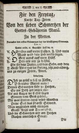 Für den Freytag, ..Von den sieben Schmertzen der Gottes-Gebährerin Mariä. - Für den Sambstag, ..Von dem Heiligen Joseph.