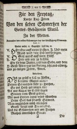 Für den Freytag, ..Von den sieben Schmertzen der Gottes-Gebährerin Mariä. - Für den Sambstag, ..Von dem Heiligen Joseph.