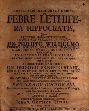 Diss. inaug. med. de febre lethifera Hippocratis