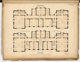 Kreiskrankenhaus, Insterburg Monatskonkurrenz November 1885: Grundriss Erdgeschoss, Obergeschoss; Maßstabsleiste