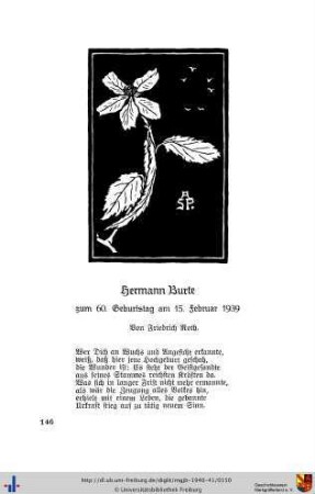 Hermann Burte zum 60. Geburtstag am 15. Februar 1939 (Gedicht)