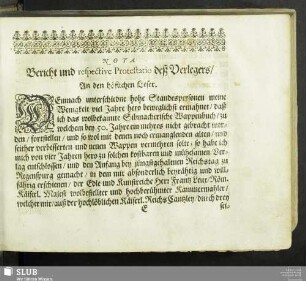 Nota. Bericht und respective Protestatio deß Verlegers, An den höflichen Leser