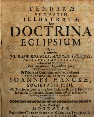 Tenebrae summatim illustratae : sive Doctrina eclipsium