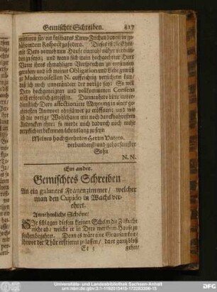 Ein ander Gemischtes Schreiben An ein galantes Frauenzimmer, welcher man den Cupido in Wachs verehret.