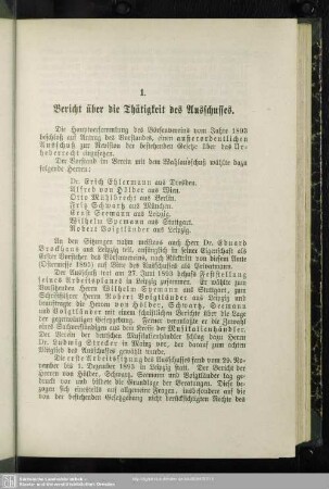 1. Bericht über die Thätigkeit des Ausschusses
