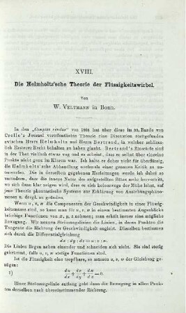 XVIII. Die Helmholtz'sche Theorie der Flüssigkeitswirbel.
