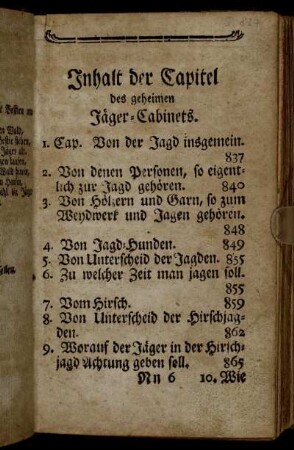 Inhalt der Capitel des geheimen Jäger-Cabinets.