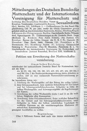 Mitteilungen des Deutschen Bundes für Mutterschutz und der Internationalen Vereinigung für Mutterschutz und Sexualreform