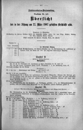 Übersicht der in der Sitzung gefaßten Beschlüsse u.s.w. (147.), 27. März 1907