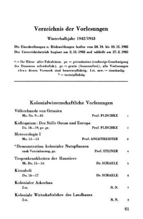 Verzeichnis der Vorlesungen Winterhalbjahr 1942/43