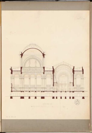 Landesbibliothek Berlin Schinkelwettbewerb 1875: Querschnitt durch den (linken) großen Lesesaal; Maßstabsleiste