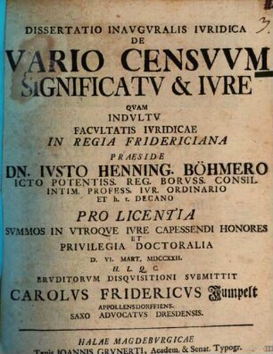 Dissertatio Inavgvralis Ivridica De Vario Censvvm Significatv & Ivre