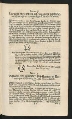 Num. 3. Extractus eines uralten auf Pergament geschriebenen ohnverletzten, und untersiegelten Briefes de Anno 1519.