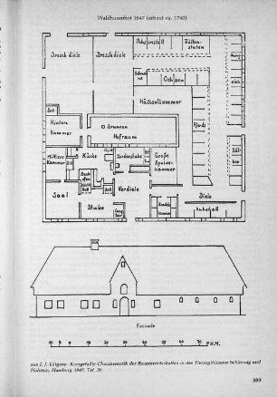 Waldhusenhof 1847 (erbaut ca. 1740) aus J.J. Lütgens: Kurzgefaßte Charteristik der Bauernwirtschaften in den Herzogthümern Schleswig und Holstein, Hamburg 1847, Taf, 36.