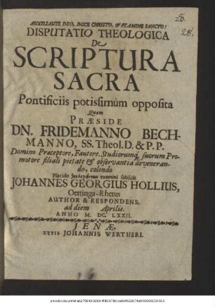 Disputatio Theologica De Scriptura Sacra Pontificiis potissimum opposita