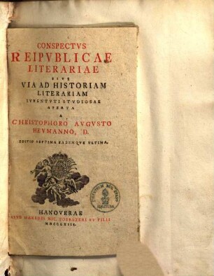 Conspectvs Reipvblicae Literariae Sive Via Ad Historiam Literariam