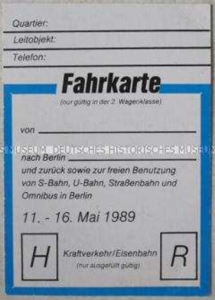Fahrkarte (blanko) für Eisenbahn und BVG für Teilnehmer am Pfingsttreffen der FDJ in Berlin