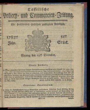 52tes Stueck, Montag den 29ten December. 1783